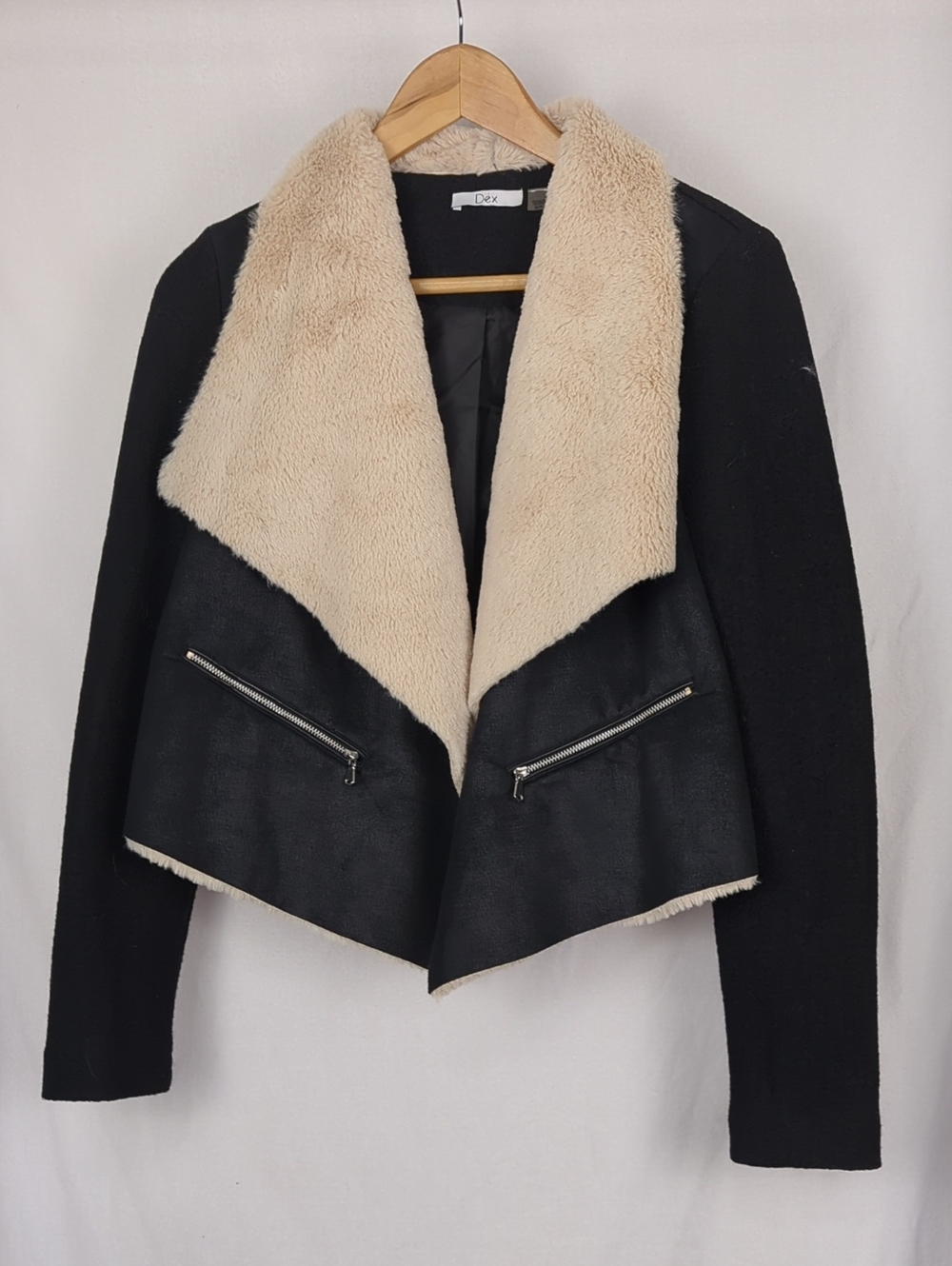 DEX Black Asymmetrical Jacket with Cream Faux-Shearling Collar